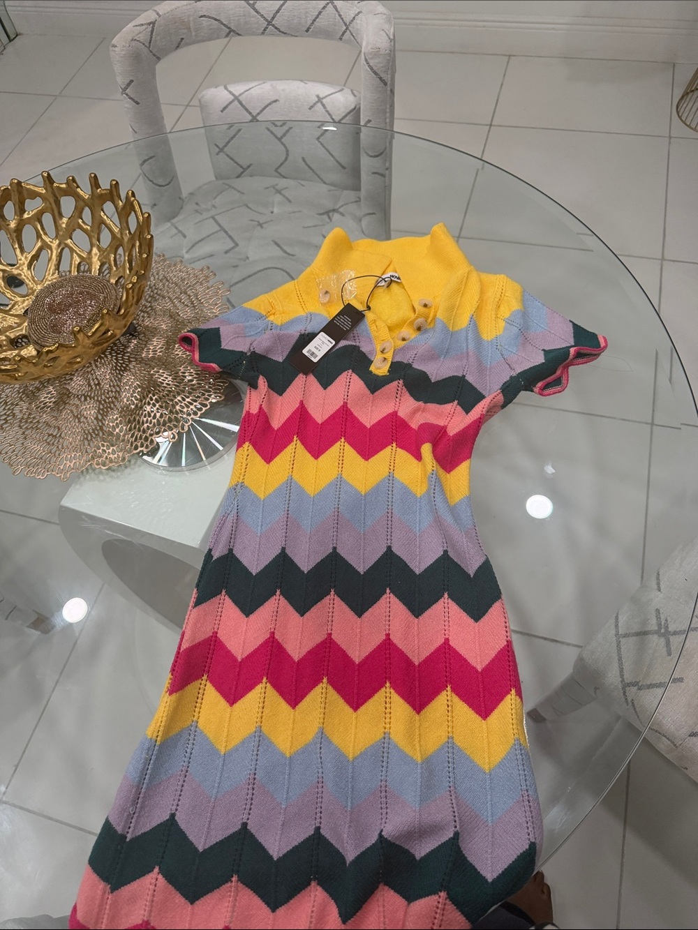 Fashion Nova Girls Chevron Polo Dress in Yellow, Pink, Lavender & Navy